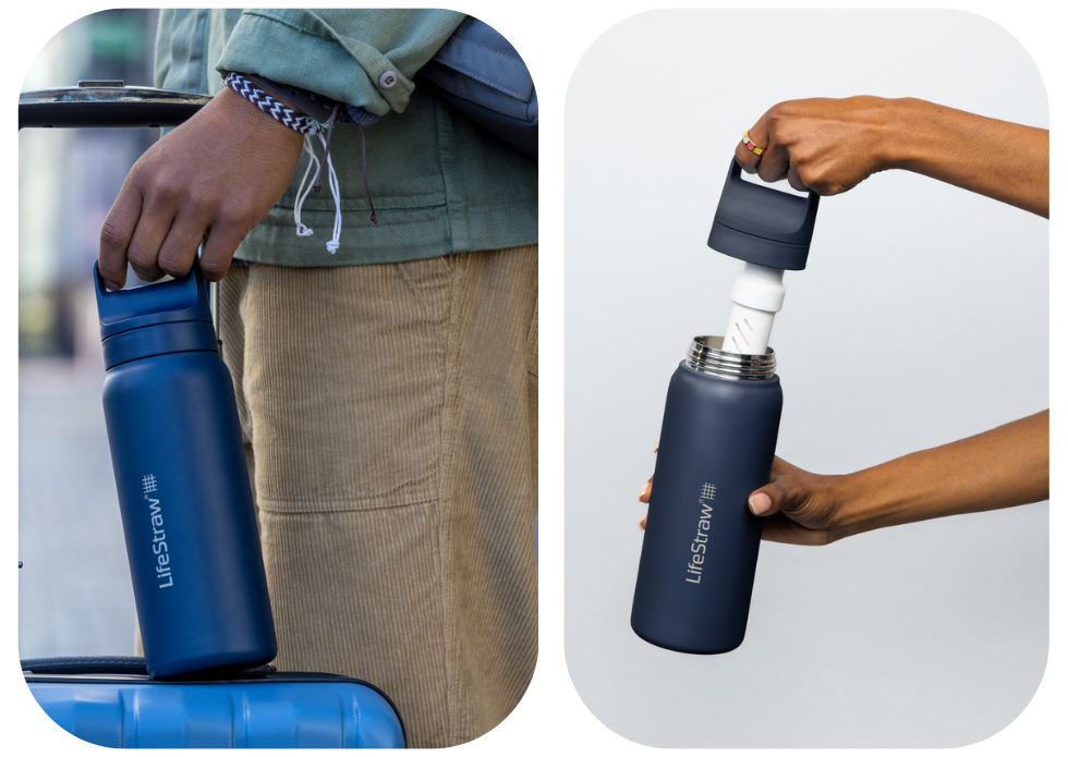 Duża litrowa butelka termiczna LifeStraw Go Steel Aegean Sea w&nbsp;drodze na lotnisko